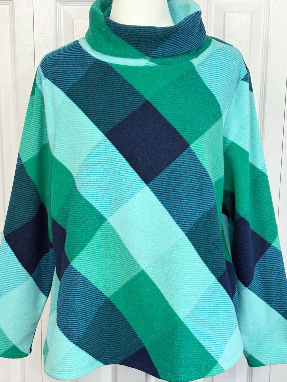 Talbots Blue & Green Bias Plaid Check Soft Fleece Pullover Turtleneck XLP